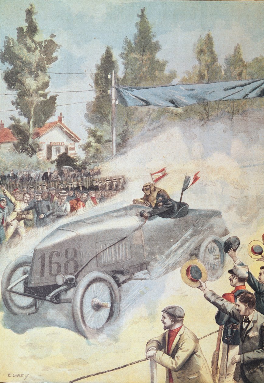 Ankomst till Bordeaux av vinnaren av loppet Paris till Madrid, från Le Petit Journal, 1903 av French School