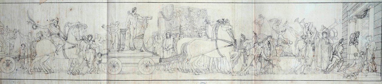 Ankomst till Paris av föremål som erövrats av den franska armén i Italien Plundringen av konstverk var syftet med expeditioner av Dominique Vivant Denon under order av konsul Napoleon Bonaparte för Musee Napoleon (nuvarande Louvren) Gravyr av av French School