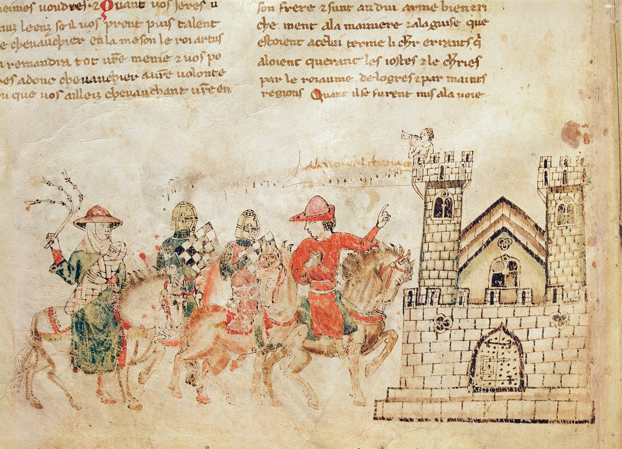 Ambassadörernas ankomst till kung Arthurs slott, från Roman de Meliadus av French School
