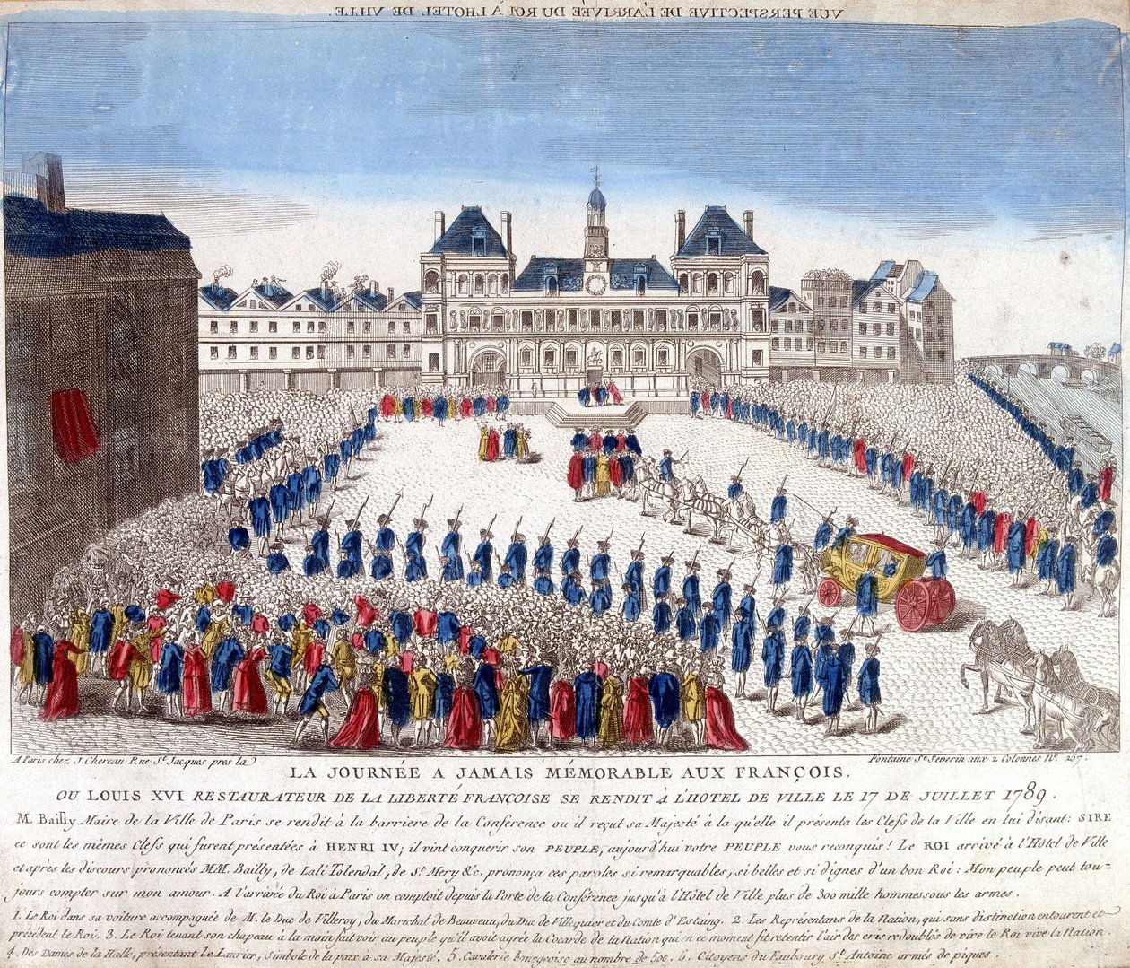Ankomst av Ludvig XVI till Hôtel de Ville i Paris den 17 juli 1789 - gravyr av French School