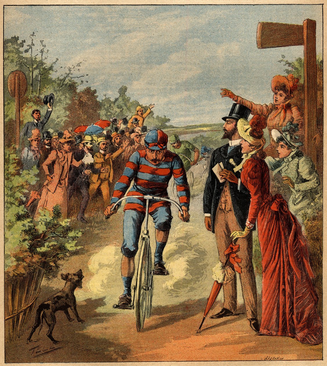 Ankomst till ett cykellopp på den franska landsbygden. Gravyr i "" La Terre Illustree"" nr 81 av 19 maj 1892. av French School