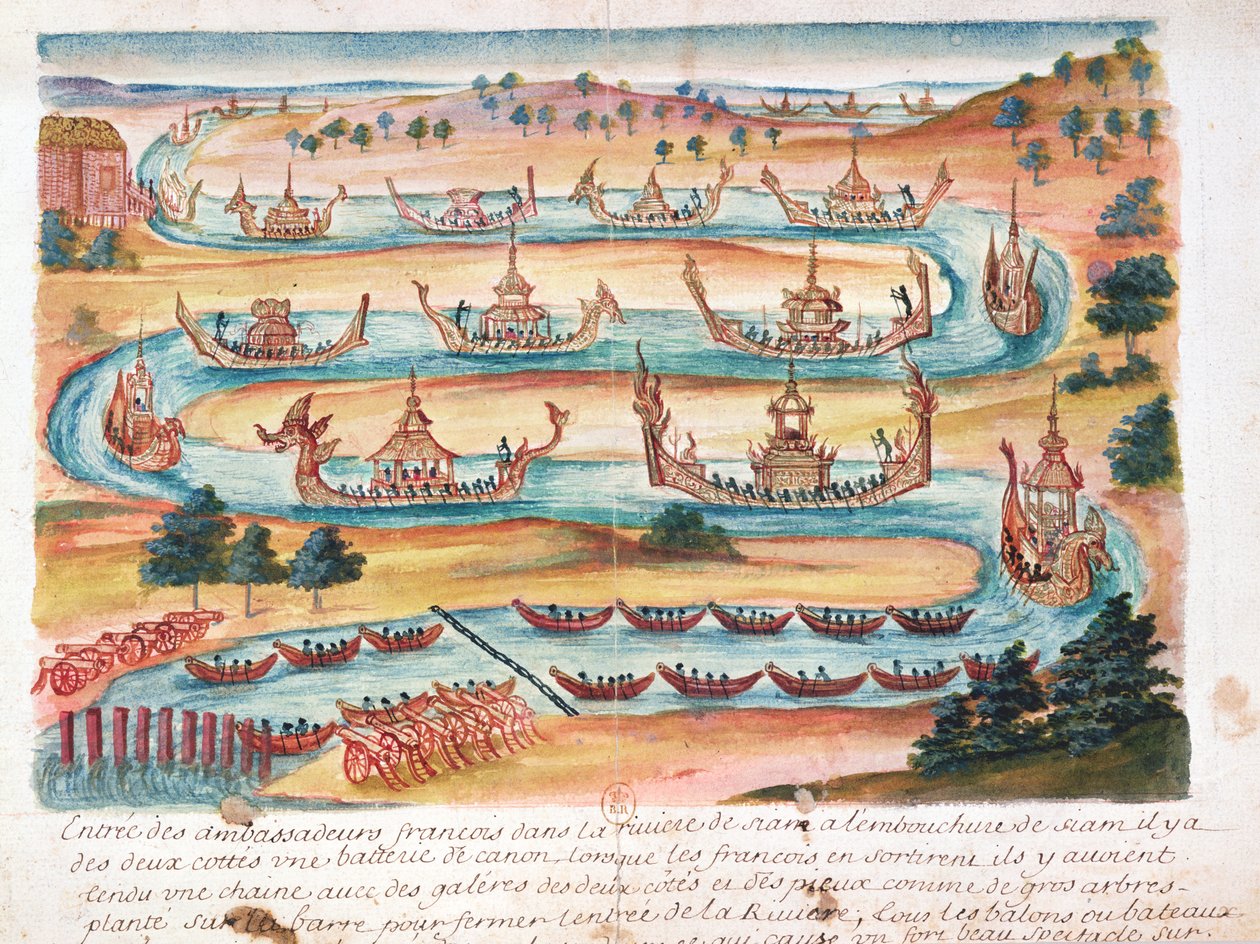De franska ambassadörernas ankomst till Siam, från en redogörelse för jesuiterna i Siam, 1688 (wc på papper) av French School