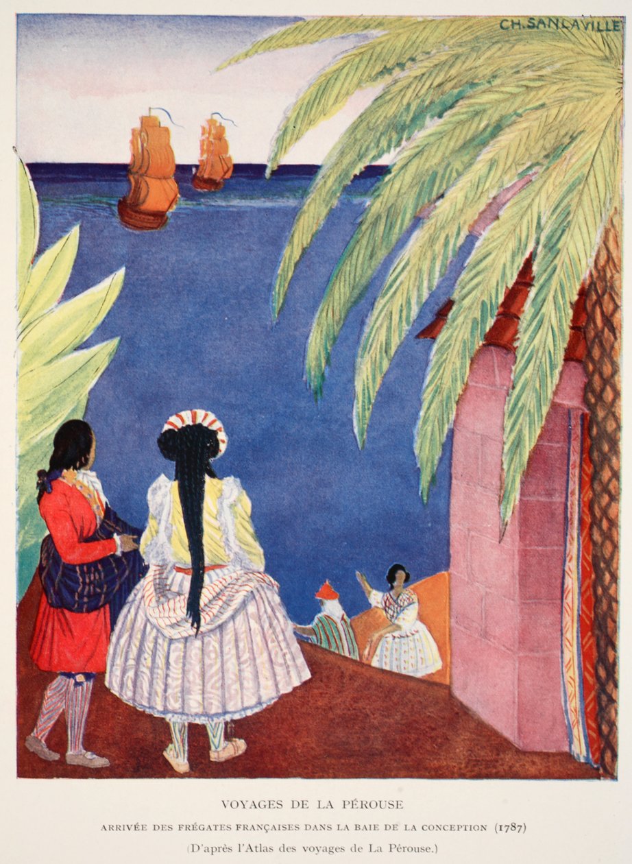 De franska fregaternas ankomst till befruktningsbukten, Voyages of Perouse, kopia av M. Charles Sanlaville (fl.1920-30), illustration från Histoire de la Nation Francaise av Gabriel Hanotaux (1853-194) av French School