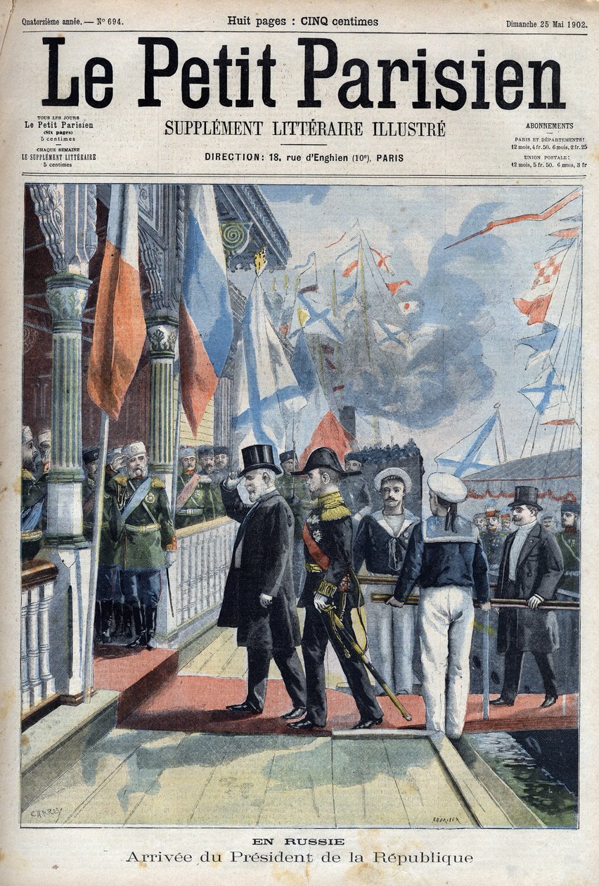 Ankomsten av Frankrikes president Emile Loubet (1838-1929) till Ryssland, i "Le petit Parisien"" av French School