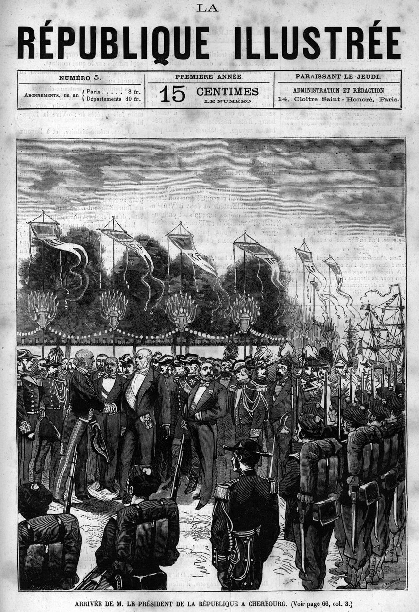 Ankomst av republikens president Jules Grevy (1807-1891) vid Cherbourg-firandet. En tidning. Gravyr från 1880 i "La republique illustree"" privat samling. av French School
