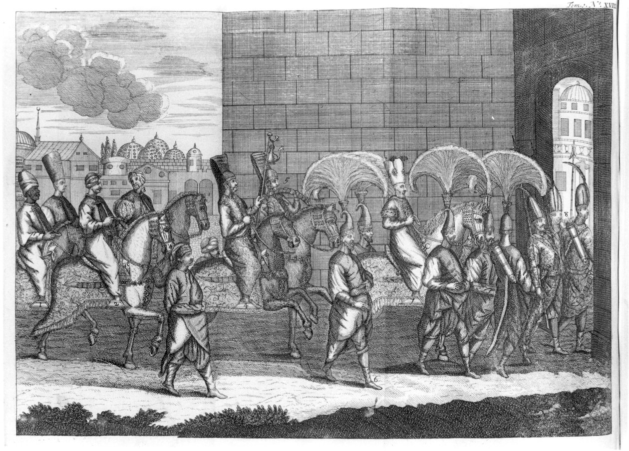 Sultanen Mustafas ankomst till Konstantinopel, från Sr A. de la Motrayes resor i Europa, Asien och Afrika, publicerad 1727 av French School