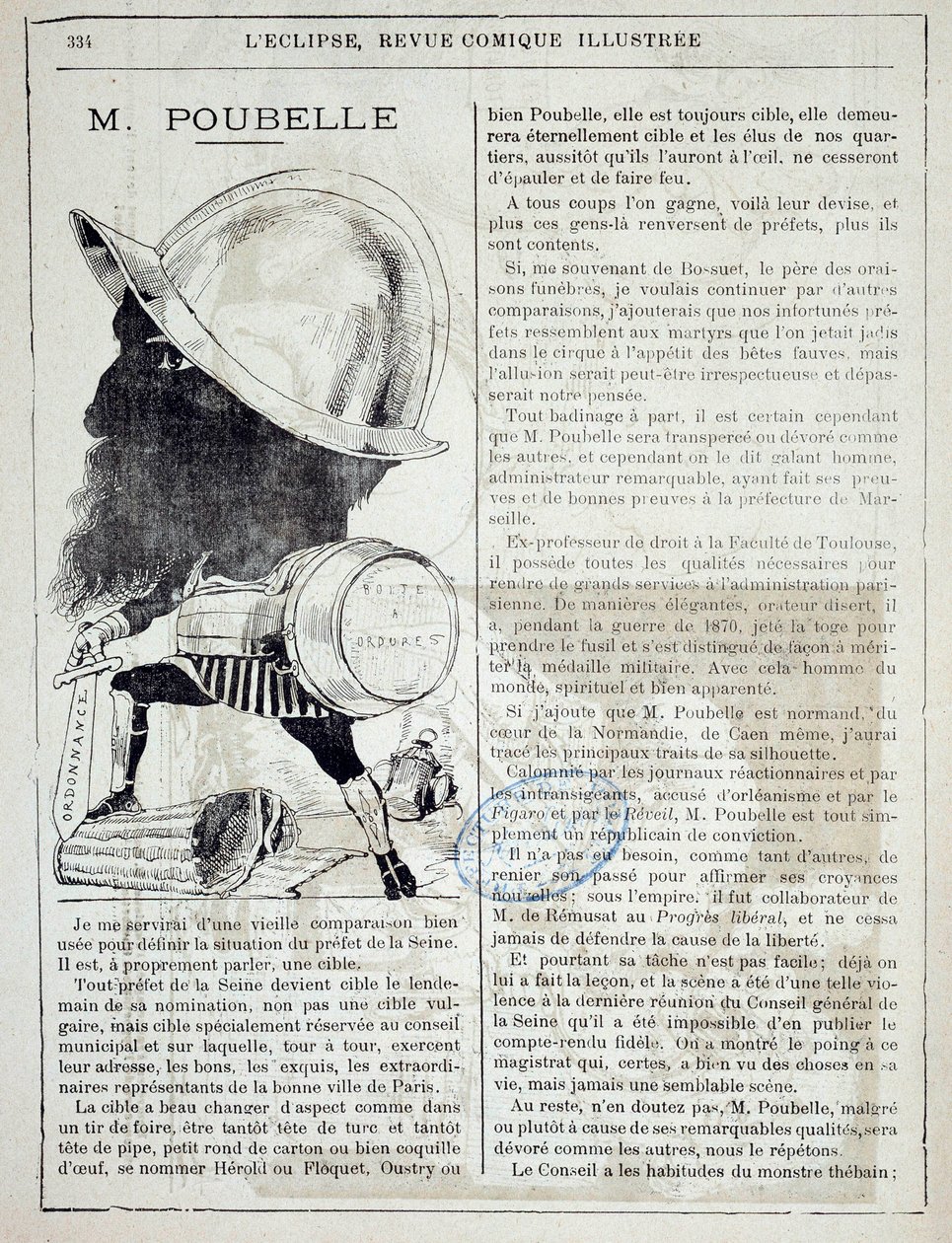 Artikel och tecknad serie om Eugene Poubelle (1831-1907), prefet av Seine och uppfinnare av soptunnor 1884. 1885-04-10. Paris, polisprefekturen av French School