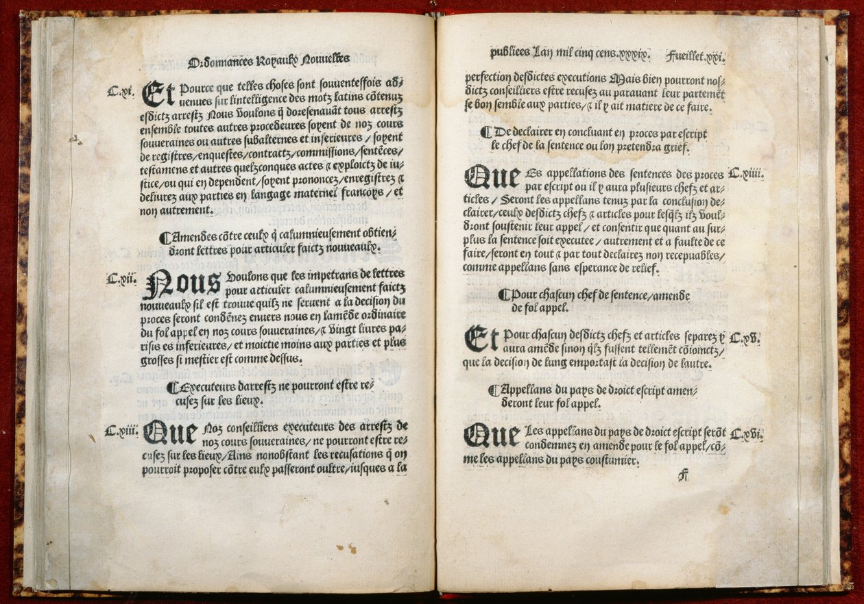 Artiklarna 106, 107, 108 i Villers-Cotterets förordning, 1539 (tryckt papper) av French School