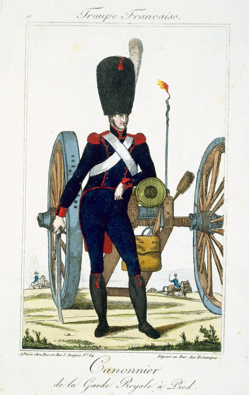 Artillerist från det kungliga gardet med en kanon, från Troupes Francaises, pub. hos Basset, Paris, ca 1790 av French School