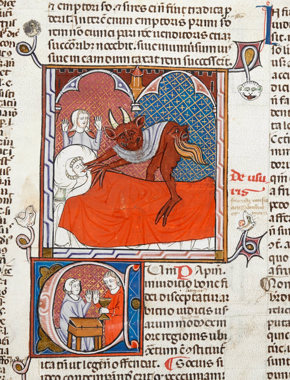 Arundel 484 f.245 En djävul eller demon på en död persons säng, illustration från Digestum Vetus med gloss ordinaria, av Justinian, c.1300-10 (vellum) av French School