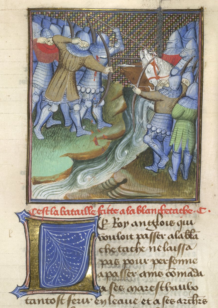 Arundel 67, f.144, Medeltida soldater slåss, över en flod, från Chroniques d