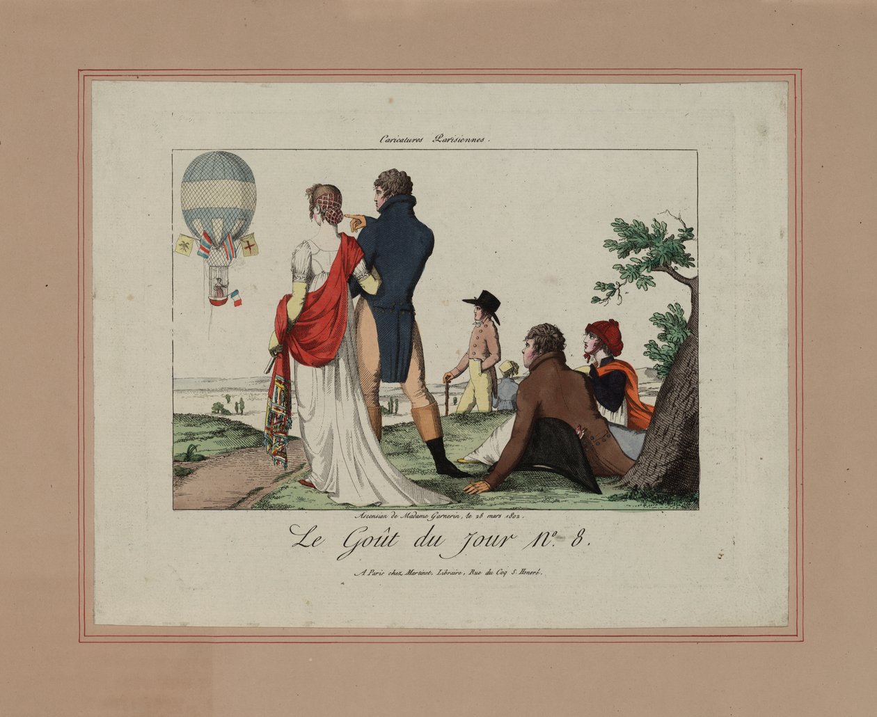 Ascension de Madame Garnerin, den 28 mars 1802 (färgad etsning) av French School