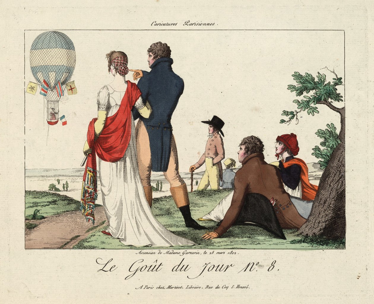 Bestigning av Madame Garnerin, 28 mars 1802, från Le Gout du Jour nr. 8, c.1870, (handfärgad gravyr) av French School