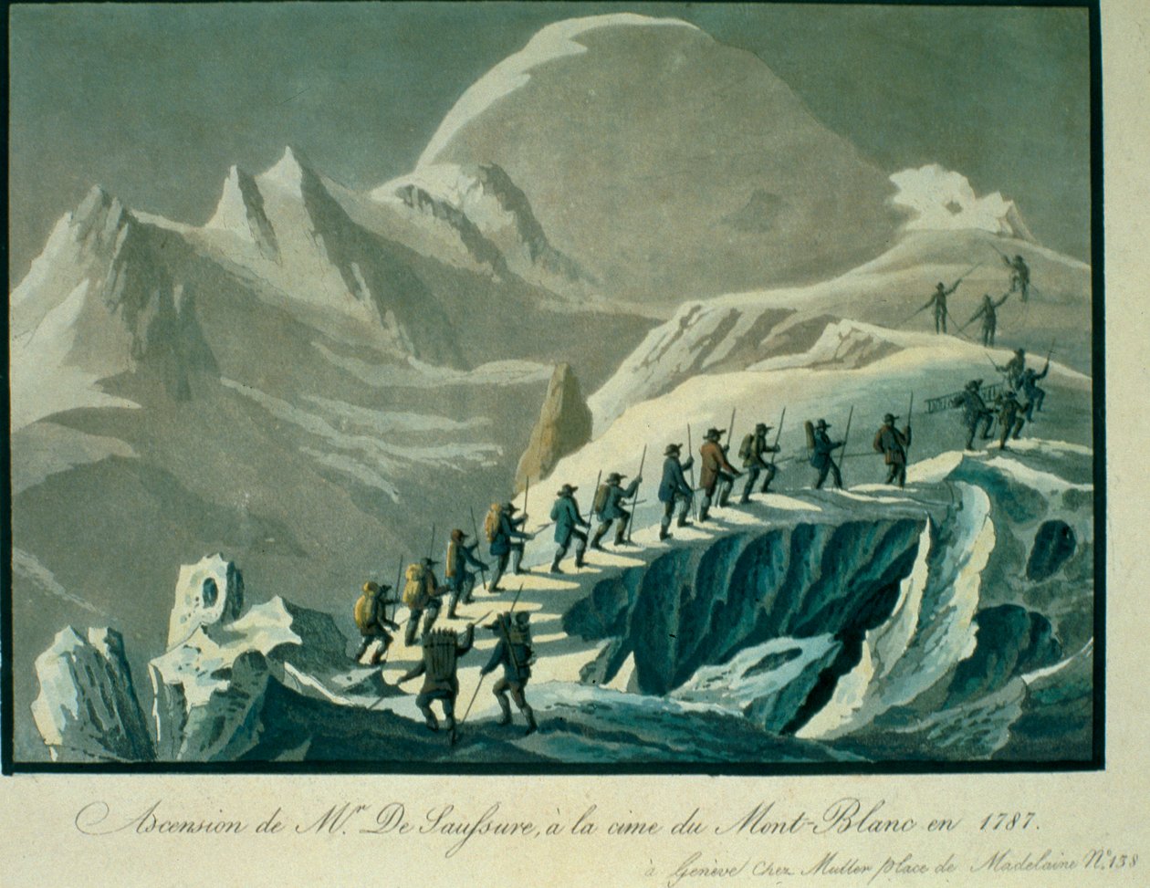 Ascent of Mr. De Saussure till toppen av Mont Blanc 1787, från A Narrative of an Ascent to the Summit of Mont Blanc av Charles Fellows (1799-1860), publicerad 1827 av French School