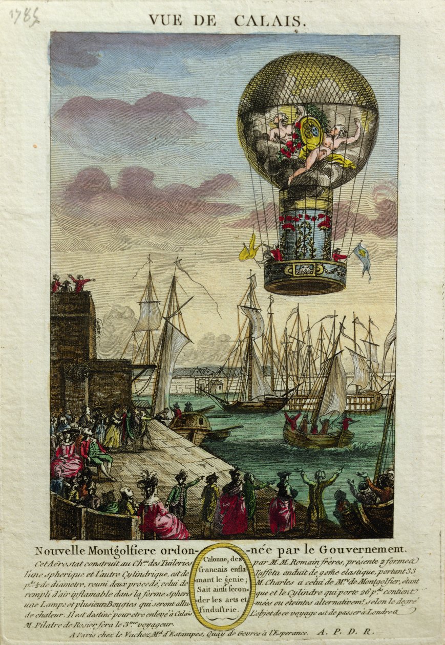 Bestigning av en Mongolfiere luftballong i Calais 1785 av French School