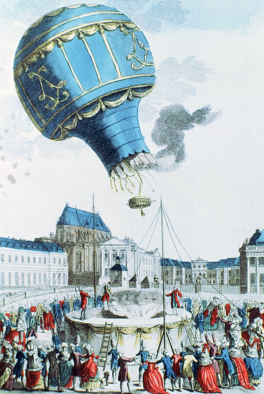 Bestigning av bröderna Montgolfier varmluftsballong inför kungafamiljen i Versailles 1783 (färggravyr) av French School