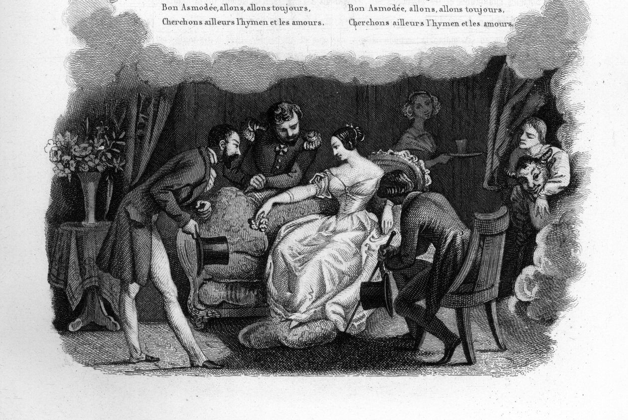 Asmodee. En vacker ung kvinna i ett vardagsrum uppvaktad av tre pretendanter inklusive en dandy och en soldat. Gravyr i "" Chants et chansons populaire de la France", Tome 2 av French School