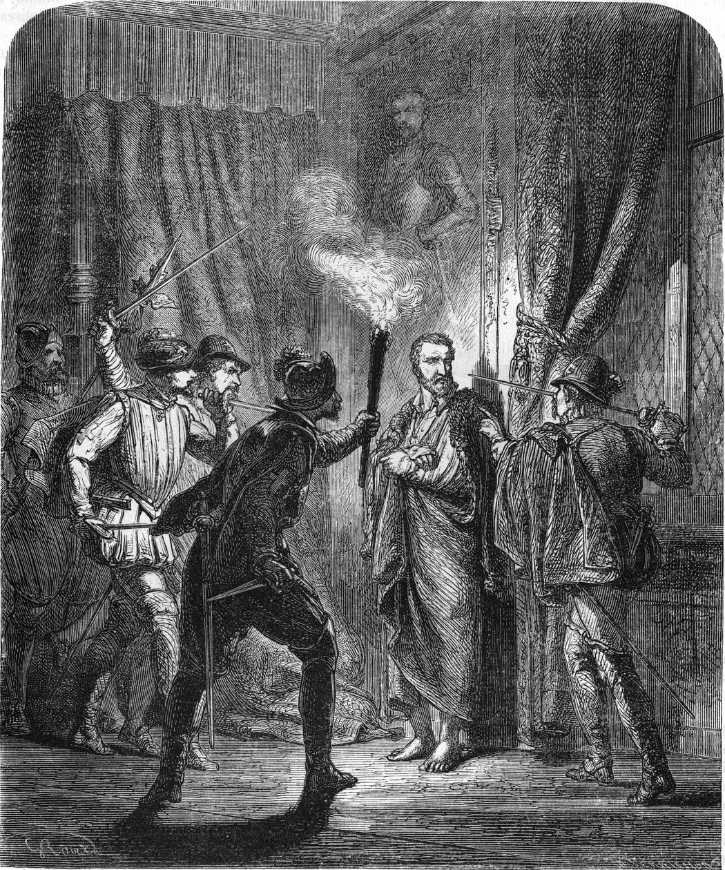 Mordet på amiral de Coligny under massakern i Saint-Bartelemy 1572. I "" Histoire Populaire de la France"", sd. ca 1885. Gravyr. av French School
