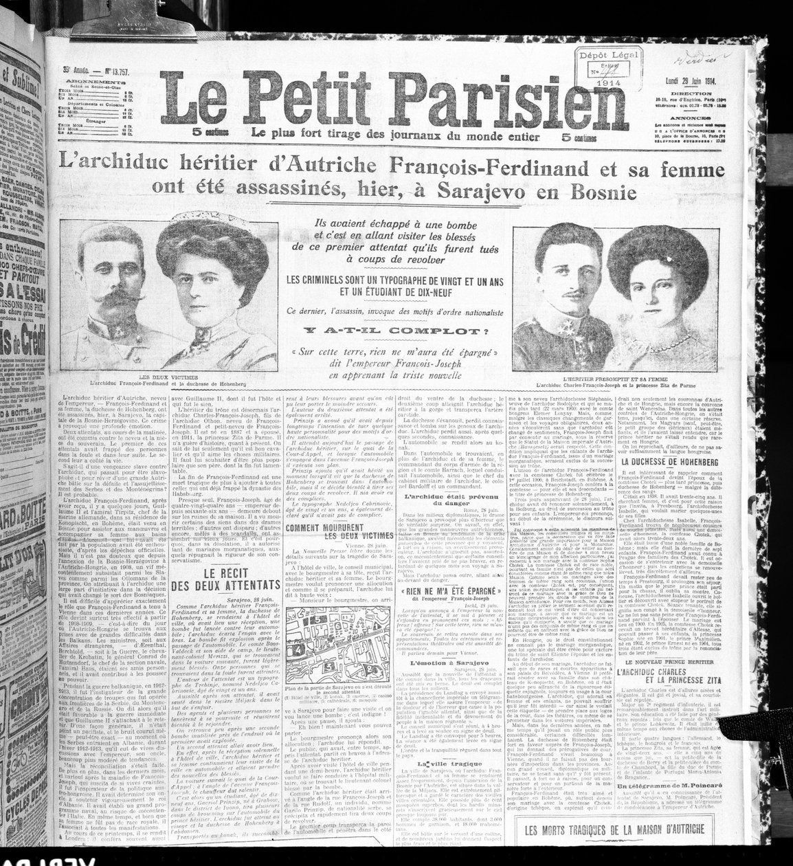 Mordet på ärkehertig Franz Ferdinand av Österrike (1863-1914) och hans fru, från Le Petit Parisien, 29 juni 1914 av French School