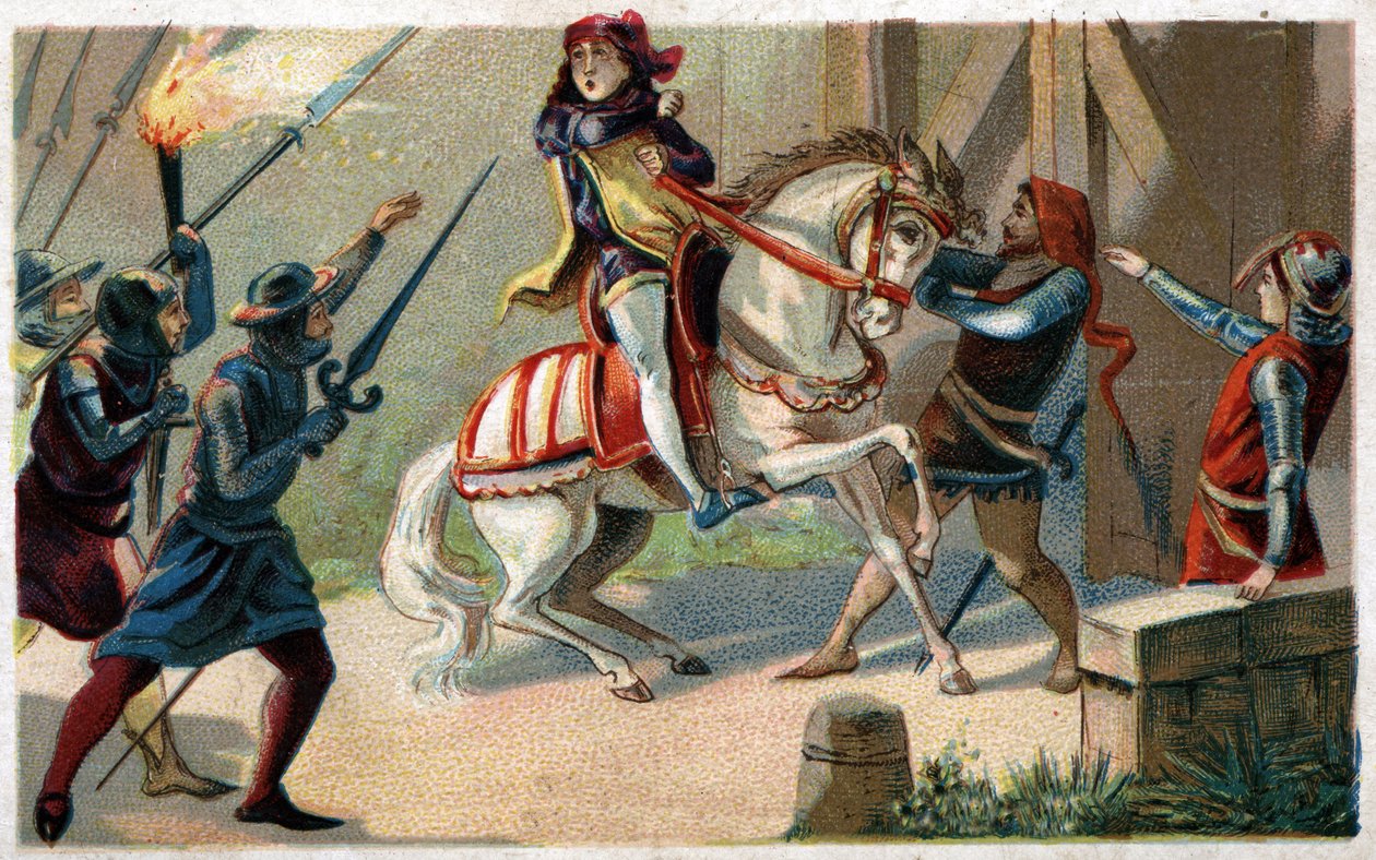 Mordet på Etienne Marcel, rik drapier och Prevot des merchants (1316-1358) av ledaren Jean Maillart, en av ledarna för det rojalistiska partiet, i juli 1358. Kromolitografi från slutet av 1800-talet. av French School