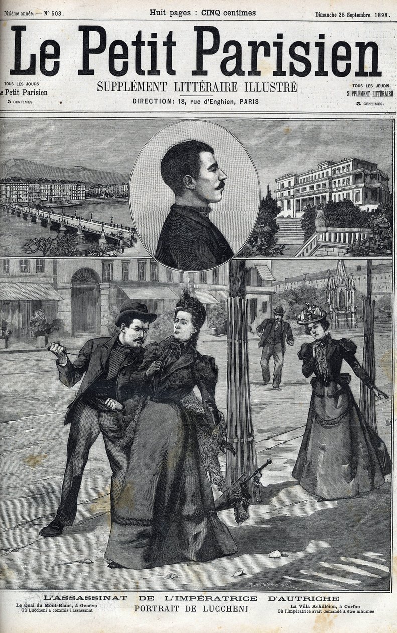Attentatet på imponen Elizabeth av Österrike (Sissi) av den italienska anarkisten Luccheni i Genève 1898. Omslag till "" Le petit Parisien"" från 1898 - Mordet på kejsarinnan Elisabeth av Österrike (Sissi) av den italienske anarkisten Luigi Lucheni, i Genè av French School