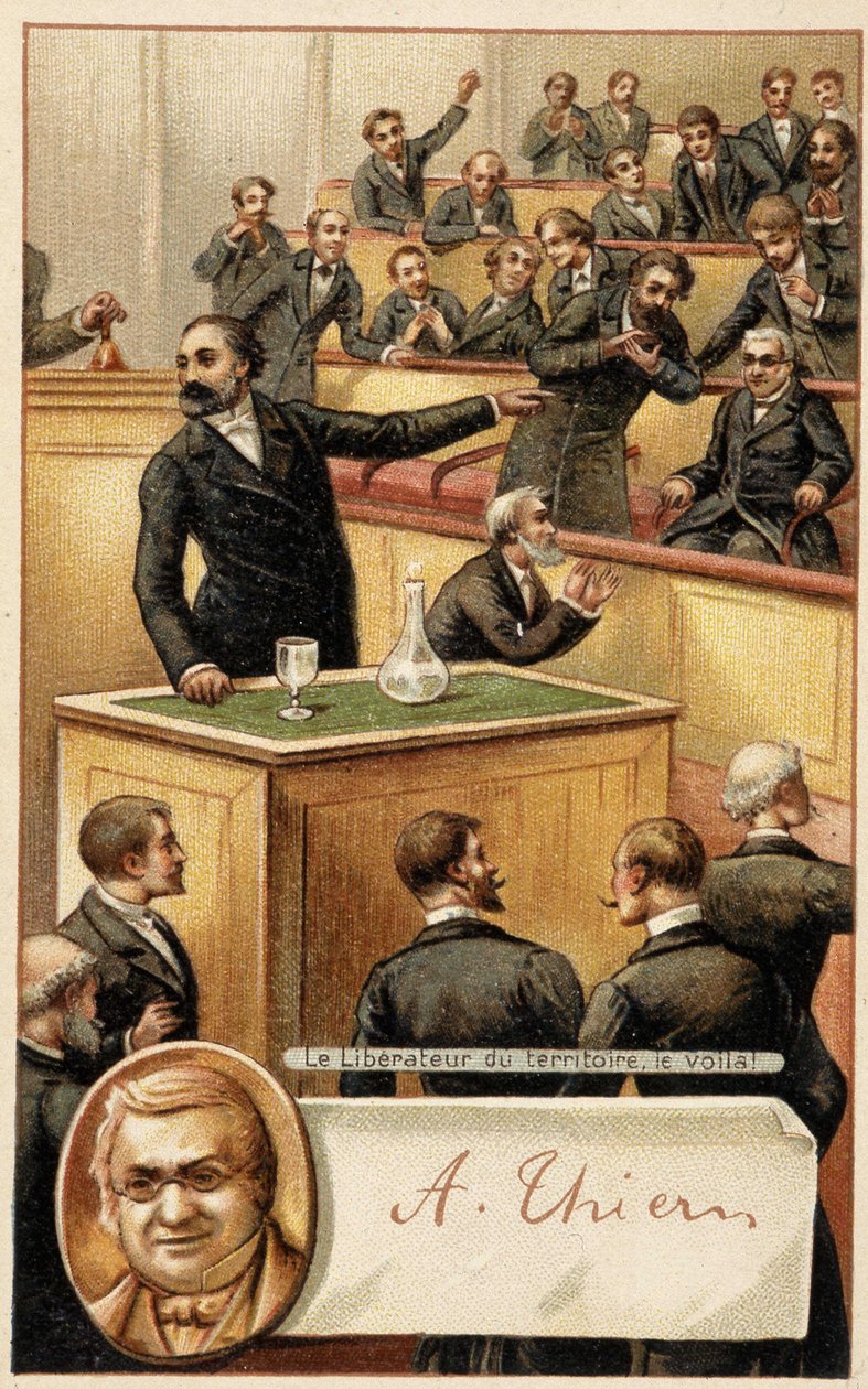 Församlingen hejar Thiers, "" befriare av territoriet"" och porträtt i medaljong - kromo., sent 1800-tal. av French School