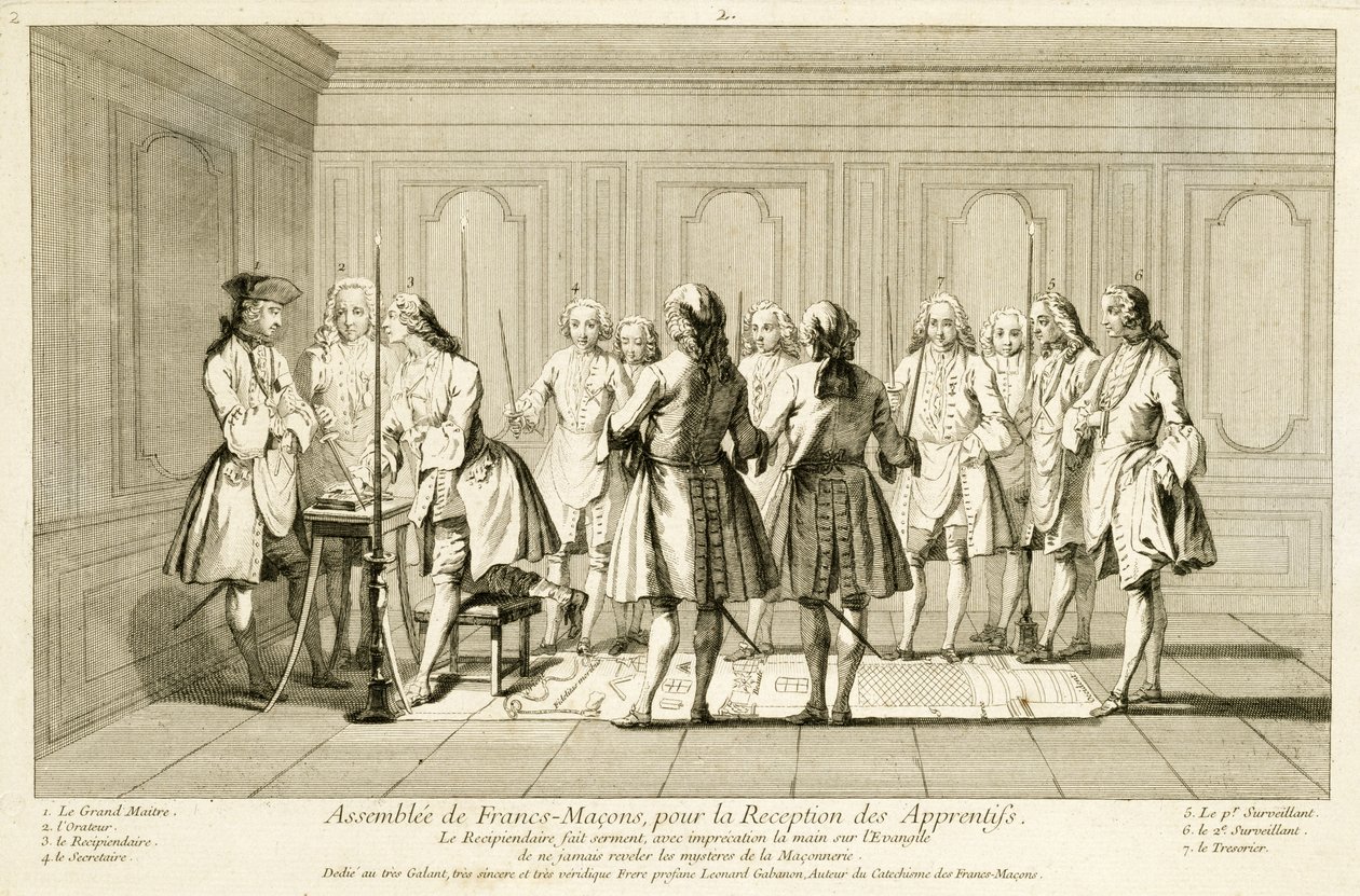 Assembly of Free Masons to Initiate an Apprentice, från The Ceremonies of Religion and Custom, c.1733 av French School