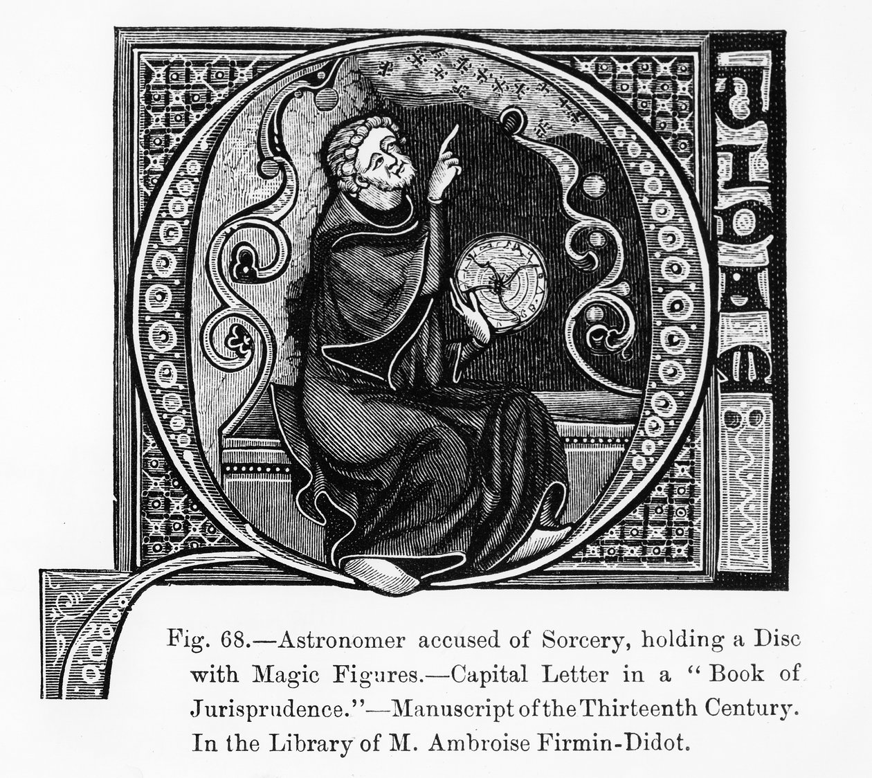 Astronom anklagas för trolldom, med en skiva med magiska figurer, från The Book of Jurisprudence, illustration från vetenskap och litteratur under medeltiden och renässansen, skriven och graverad av French School