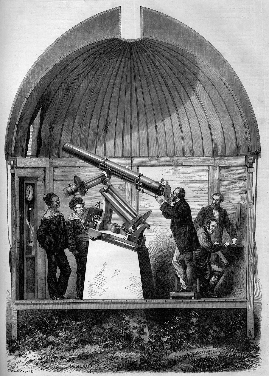 Astronomi: Fransk astronomisk ram transporteras till Yokohama (Japan) för att observera planeten Venus passera förbi solen. Gravyr i "" Le Monde Illustré"" nr 904 av 8 augusti 1874. av French School