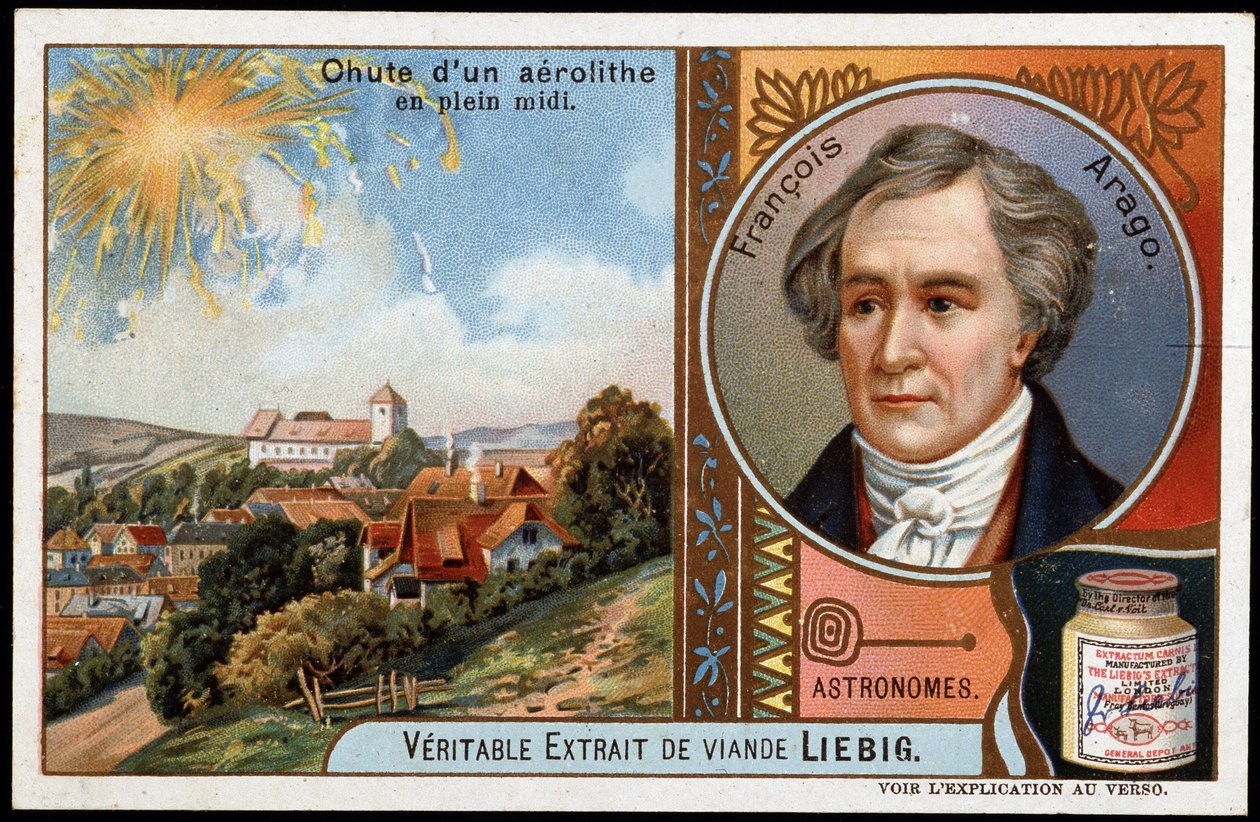 Astronomi: fall av en aerolit mitt på dagen, med porträtt av Francois Arago (1786-1853) - Liebig kromolitografi av French School