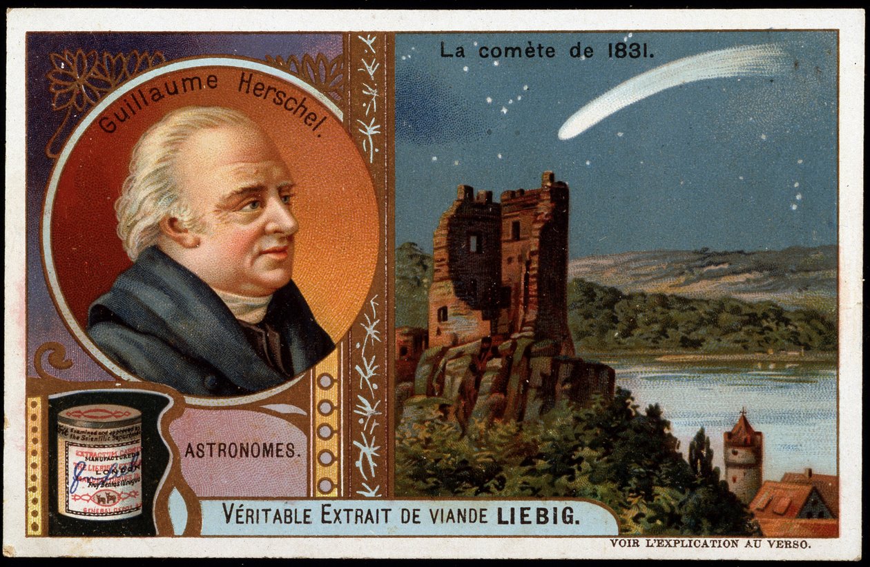 Astronomi: kometen 1831, med porträttet av William Herschel (Friedrich Wilhelm Herschel) (1738-1822) - Liebig-kromolitografi av French School