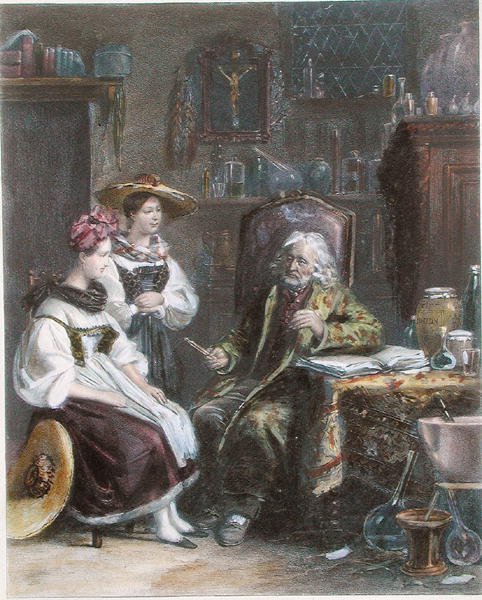 Hos landläkaren, ca 1840 (färg litho) av French School