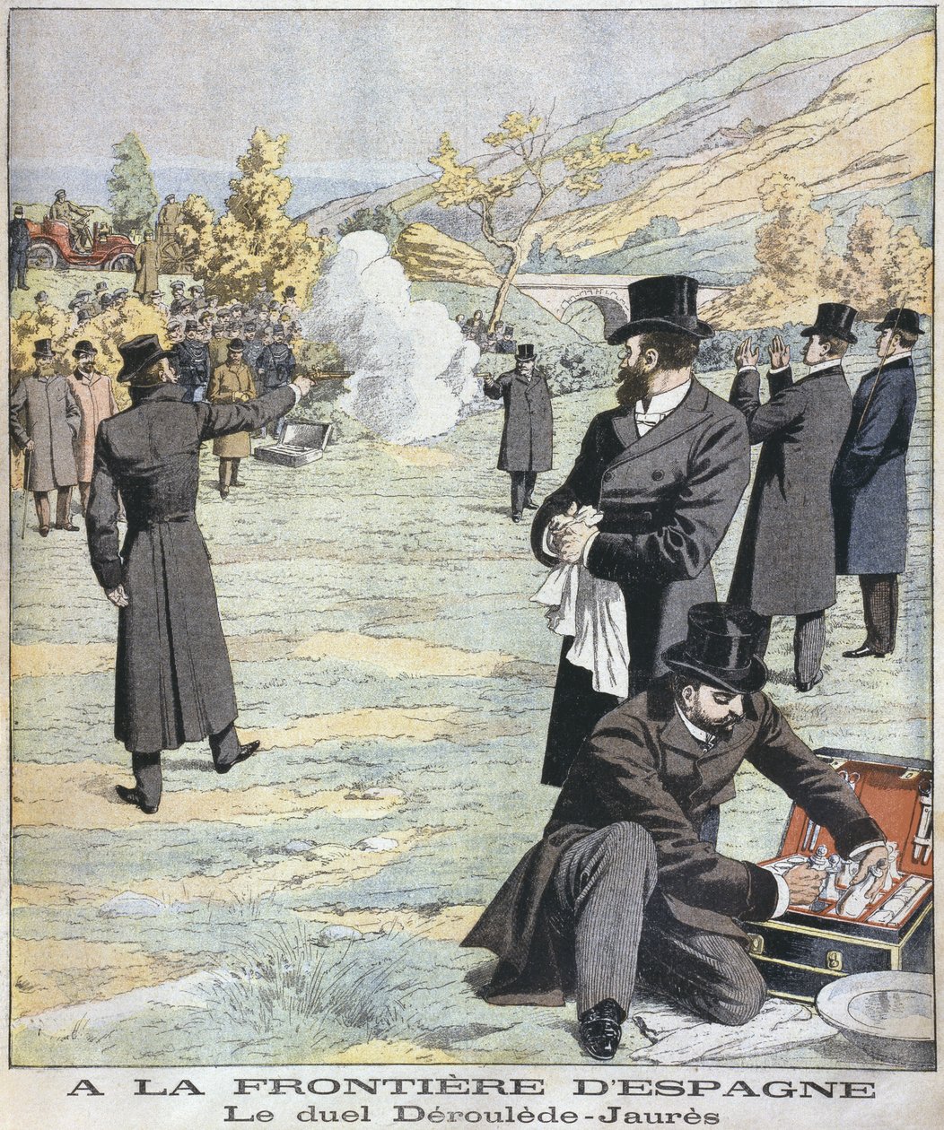 Vid den spanska gränsen, duell mellan Paul Deroulede och Jean Jaures, illustration från Le Petit Journal: Supplement illustre, 18 december 1904 av French School
