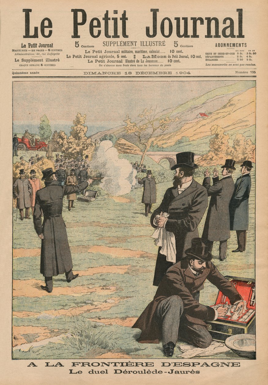 Vid den spanska gränsen, duell mellan Paul Deroulede och Jean Jaures, illustration från Le Petit Journal, Supplement illustre, 18 december 1904 av French School
