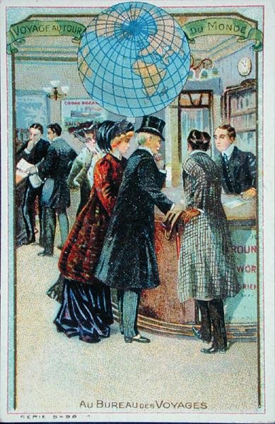 "At the Travel Agents", från en serie samlarkort för barn, ca 1880-90 (färglitografi) av French School