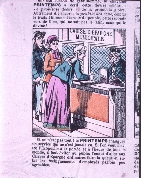 Vid kassan på en stads sparbank, handelskort som annonserar varuhuset "Le Printemps", 1800-talets andra hälft (färggravyr) av French School