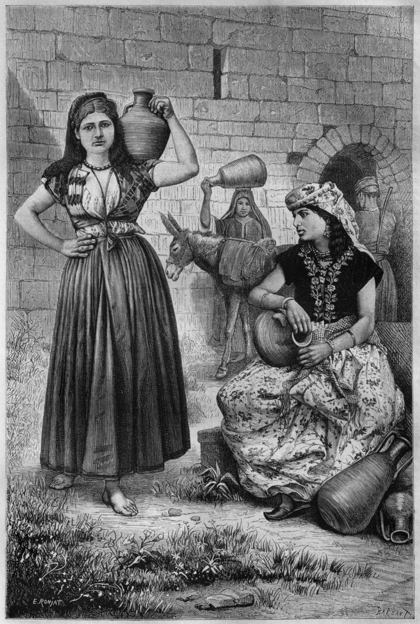 Vid brunnen, Hiram, från Syrien idag. Reser i Fenicien, Libanon och Judéen. 1875-1880 av Louis Charles Emile Lortet, 1884 (bw gravyr) av French School