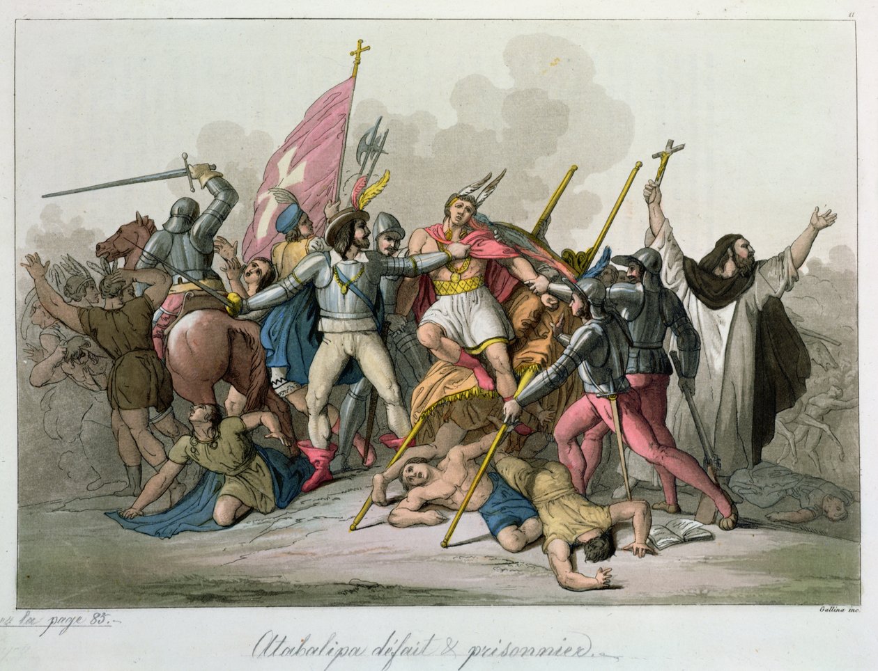 Atahualpa (c.1502-33) besegrad och tillfångatagen av trupperna från Francisco Pizarro (c.1478-1541) 1820 av French School