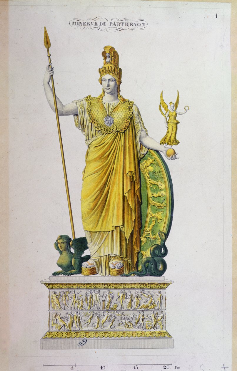 Athena Parthenos, staty från Parthenon, Aten (färggravyr) av French School