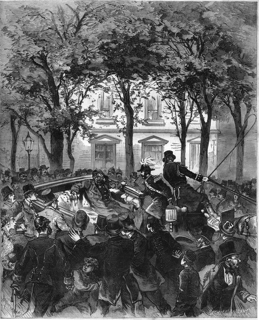 Attack mot den tyske kejsaren Vilhelm II (1797-1888), Berlin, 2 juni 1878: kejsaren skadades av ett skott av den tyske anachisten Karl Nobiling. Gravyr i "" Le Monde Illustré"" nr 1106 av 8 juni 1878. av French School