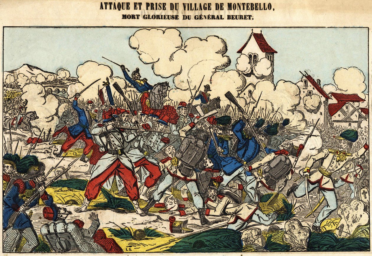 Attack och tillfångatagande av byn Montebello, general Beurets härliga död 1859. Bild på Epinal av French School