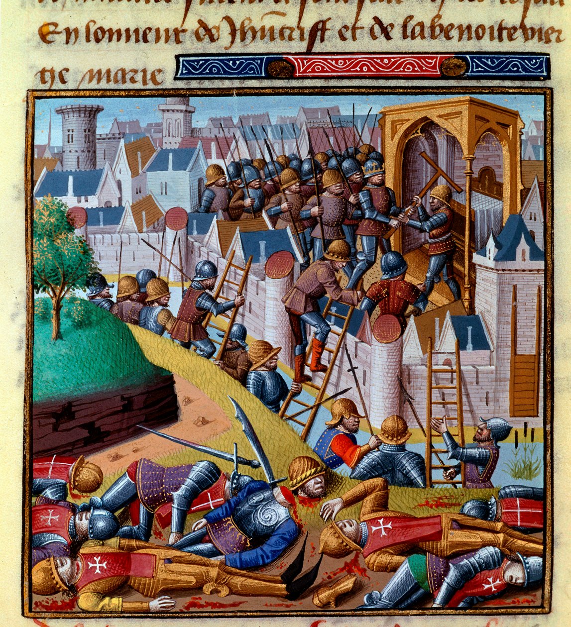 Anfall mot en befäst stad Miniatyr i "Le miroir historial" (Speculum Historiale) av Vincent de Beauvais (1190-1264) översatt till franska av Jean de Vignay av French School