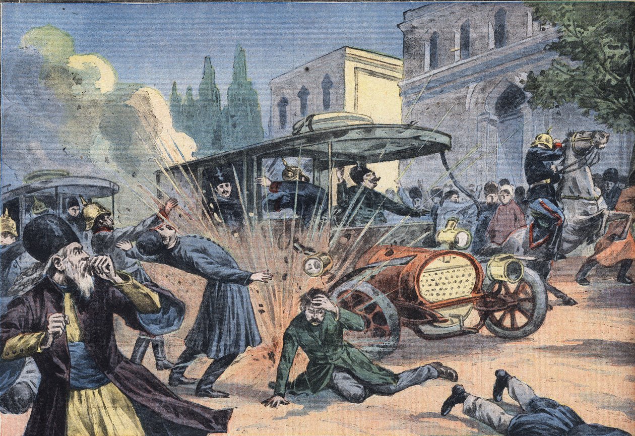 Attack mot Shahen av Persien Mohammad Ali Shah Qajar (1872-1925). Gravyr från tidningen "Le Petit Parisien"” av French School
