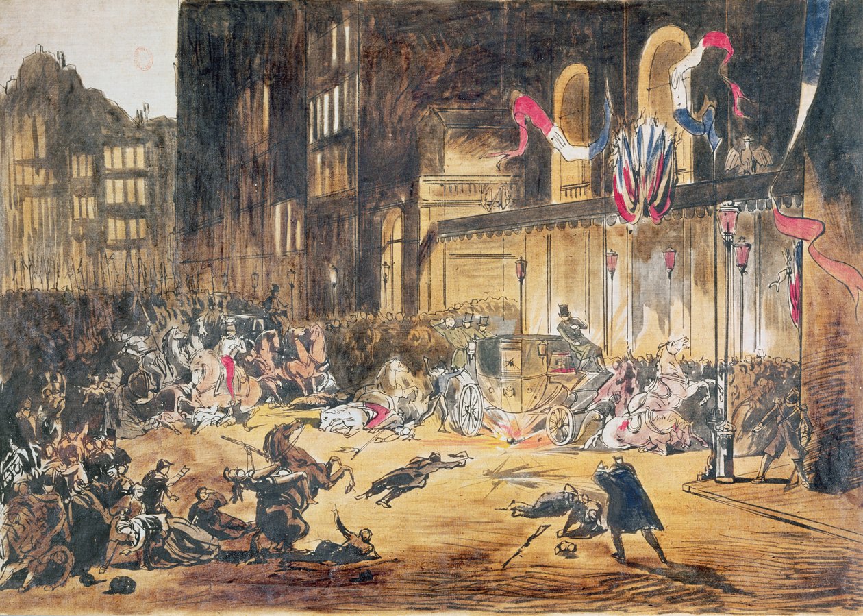 Försök på livet av Napoleon III och hans hustru Eugenie av Felice Orsini och tre medbrottslingar den 4 januari 1858 i Paris (färgstick) av French School