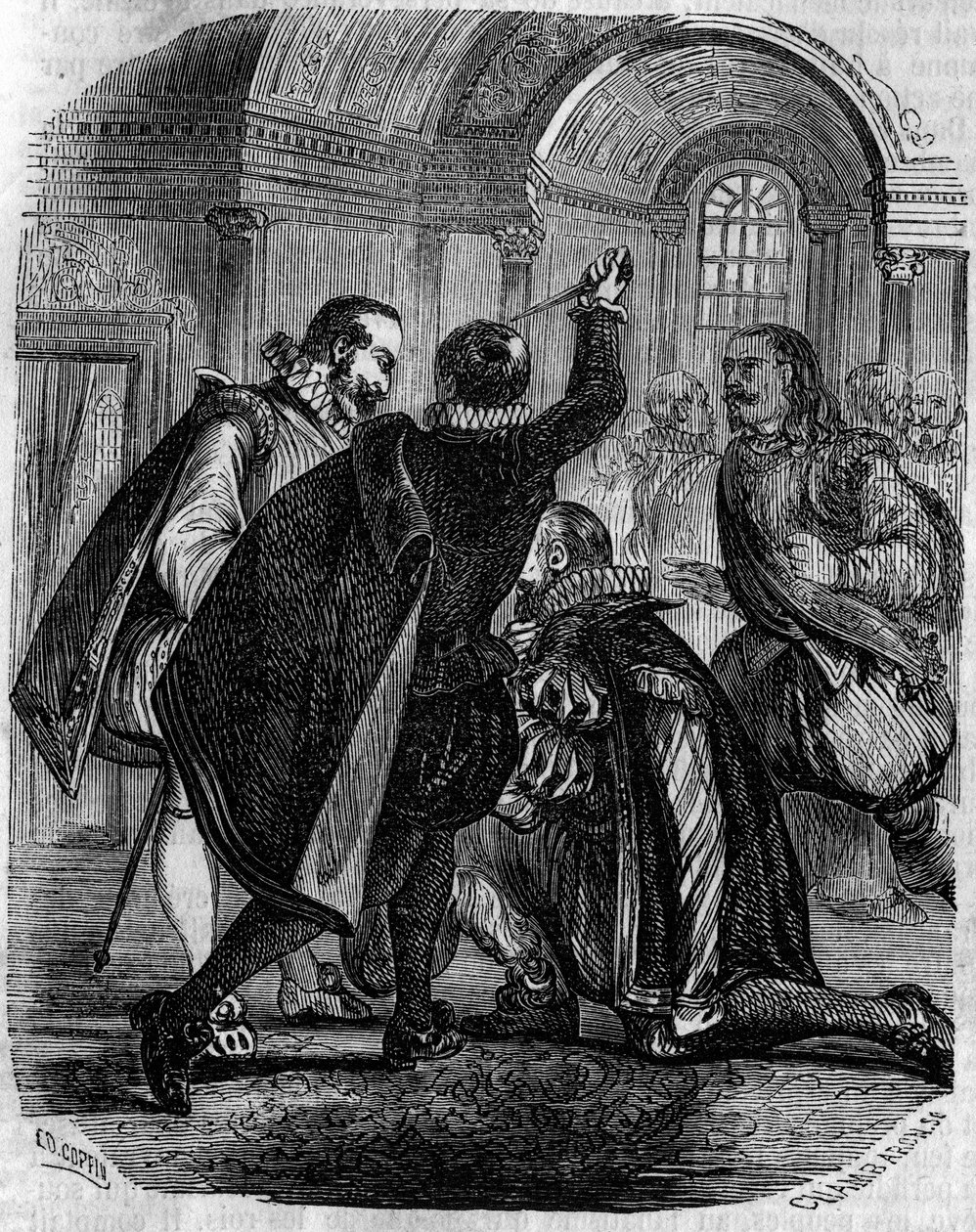 Mordförsök på Jean Chastel (Jean Chatel) (1575-1594) på kungen av Frankrike Henrik IV den 27 december 1594. Gravyr från 1800-talet. av French School