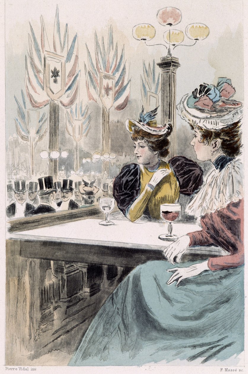 Au Moulin Rouge: kvinnor sitter framför ett glas - i "Nos contemporains" av Octave Uzanne av French School