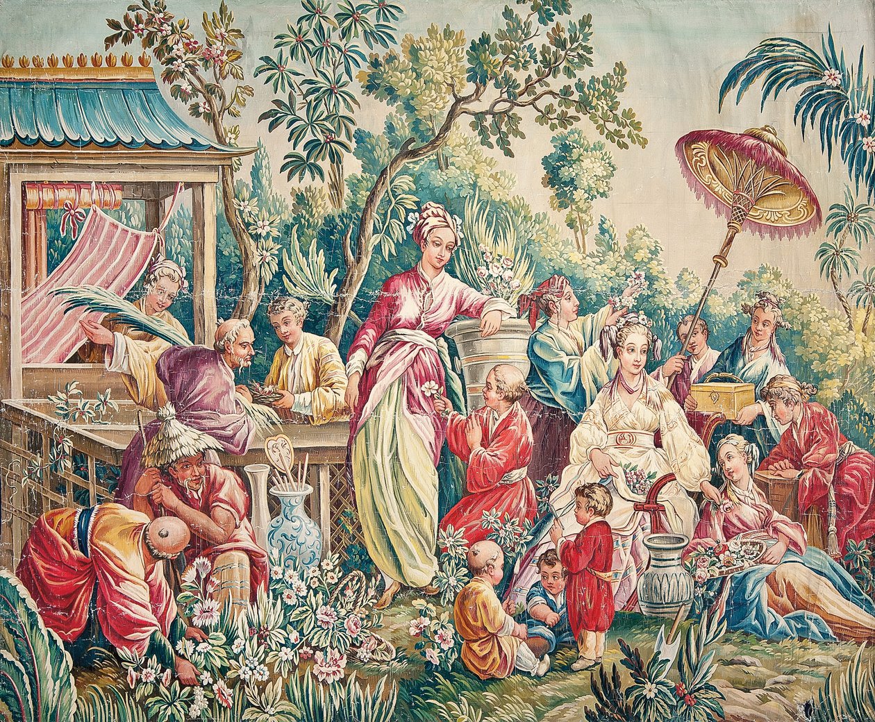 Aubusson tecknad för en väggbonad av figurer i en orientalisk trädgård av French School