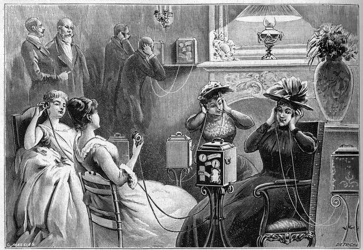 Audition av Theatrophone (teaterauditioner hemma) i loungen på ett storslaget hotell i Paris 1892. av French School