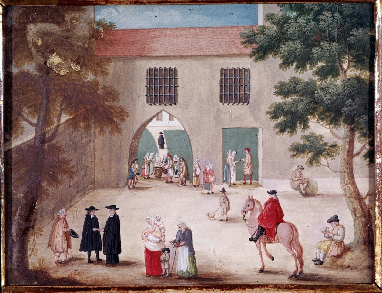 Aumones på innergården till klostret Port Royal des Champs Utsikt över innergården i Port-Royal-des-Champs. Anonym målning av den franska skolan av French School