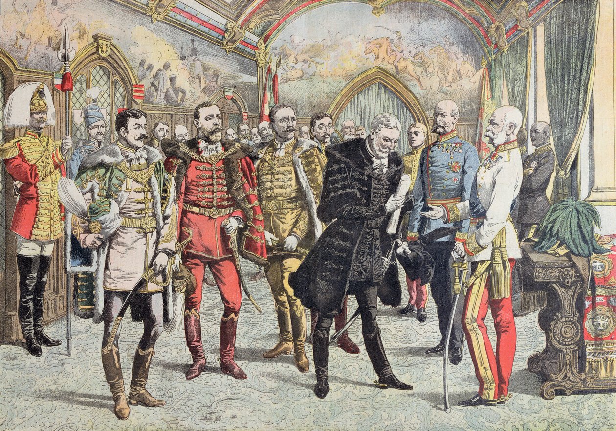 Österrikisk-ungerska krisen - mottagande av ungerska magnater av kejsar Franz Josef, illustration från Le Petit Journal, 15 oktober 1905 av French School